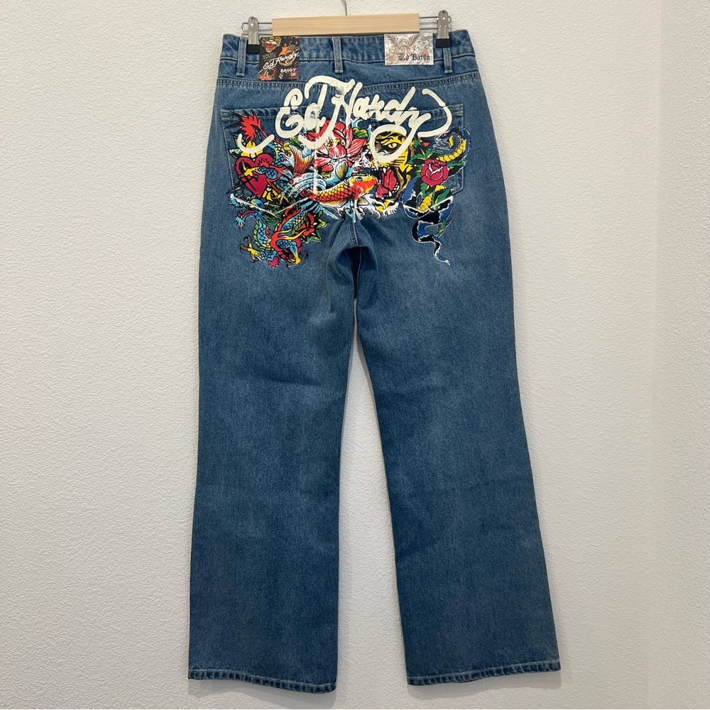 Ed Hardy Women’s Multi Tattoo Baggy jean Low Waist Blue Multicolor NWT